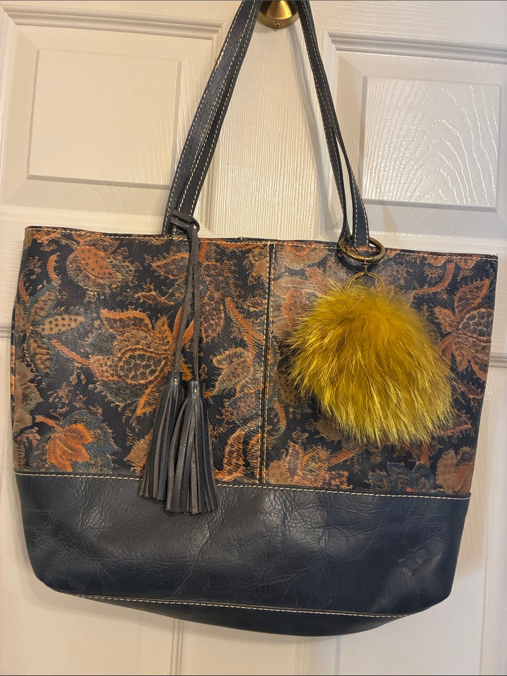 Patricia Nash Navy and Brown Floral Tote with Mustard Pom